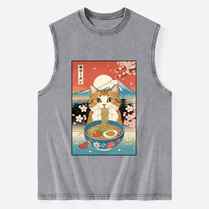 Tokyo-Tiger Funny Orange Cat Eating Ramen Japan Washed Tank