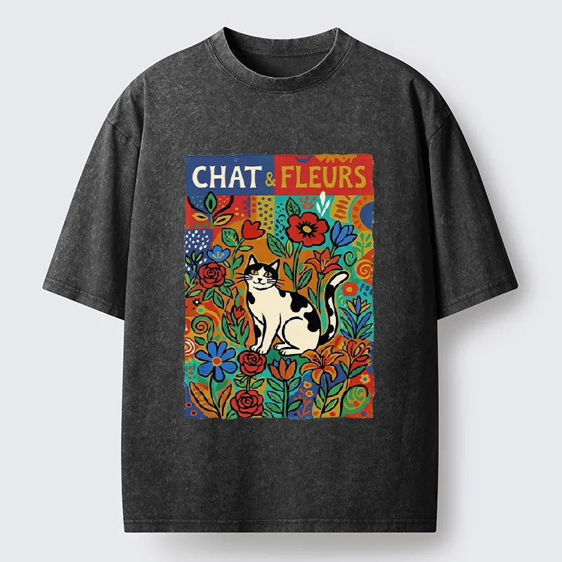 Tokyo-Tiger Colorful Cat And Floral Art Washed T-Shirt