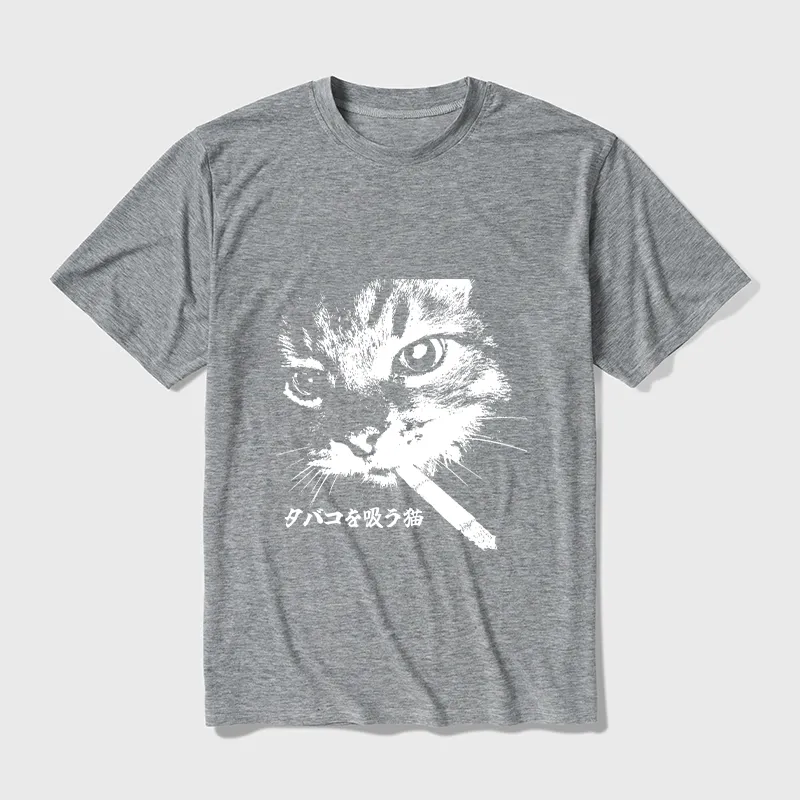 Tokyo-Tiger Retro Cat Smoking Cotton Blend T-Shirt