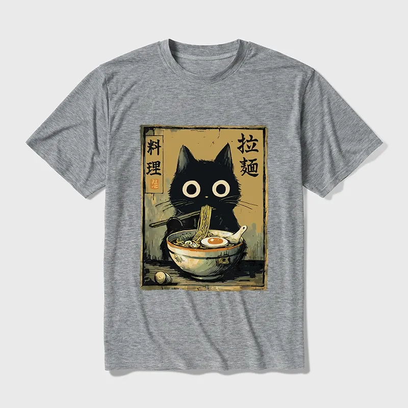 Tokyo-Tiger Cute Black Cat Eating Ramen Japan Cotton Blend T-Shirt