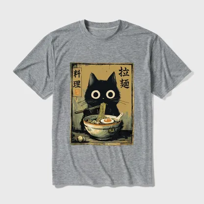 Tokyo-Tiger Cute Black Cat Eating Ramen Japan Cotton Blend T-Shirt