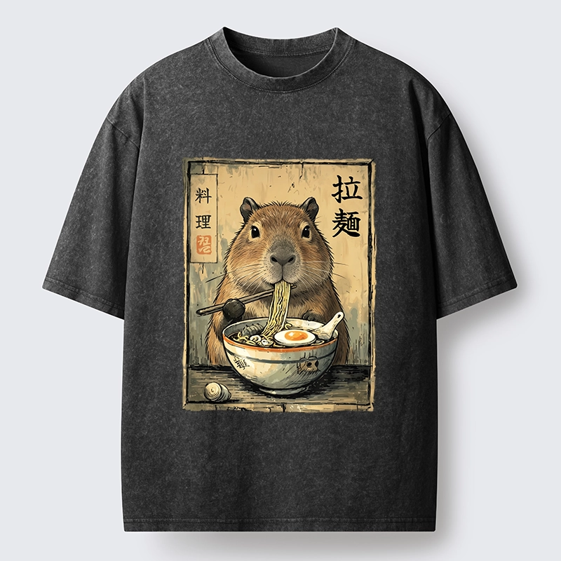 Tokyo-Tiger Capybara Enjoying A Bowl Of Ramen Washed T-Shirt