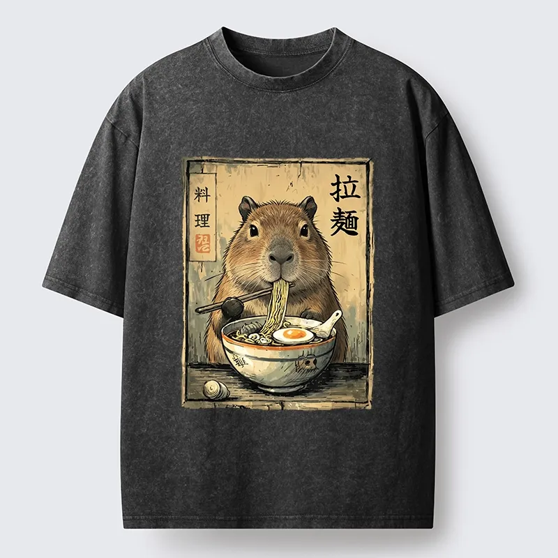 Tokyo-Tiger Capybara Enjoying A Bowl Of Ramen Washed T-Shirt