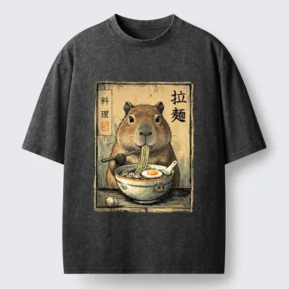 Tokyo-Tiger Capybara Enjoying A Bowl Of Ramen Washed T-Shirt