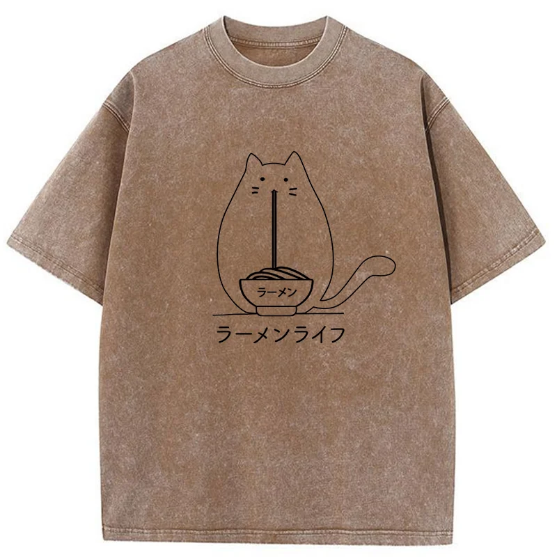 Tokyo-Tiger Funny Cat Eating Ramen Washed T-Shirt