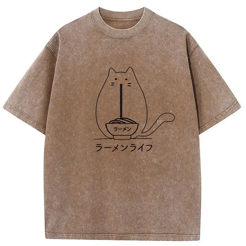 Tokyo-Tiger Funny Cat Eating Ramen Washed T-Shirt
