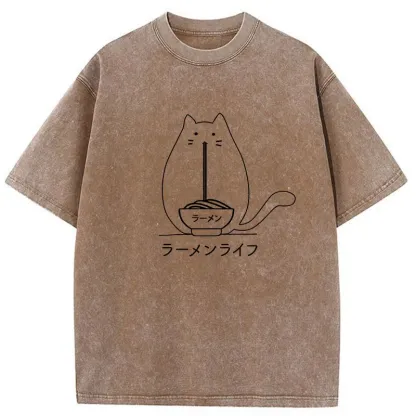 Tokyo-Tiger Funny Cat Eating Ramen Washed T-Shirt