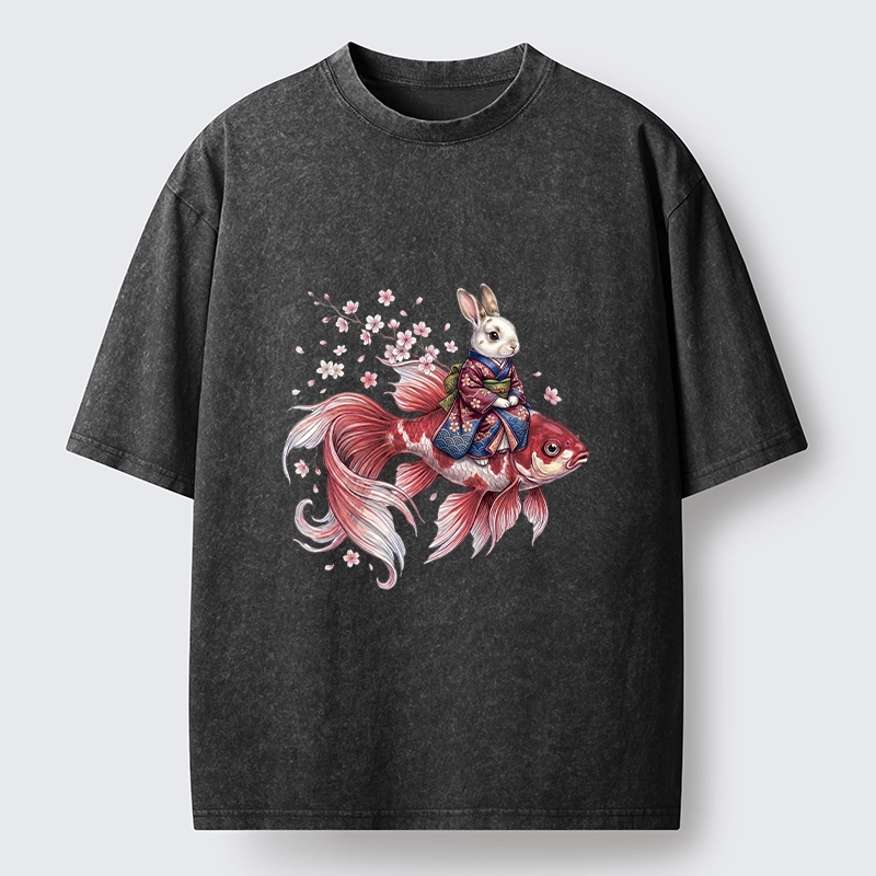 Tokyo-Tiger Japanese Style Rabbit And Koi Fish Washed T-Shirt
