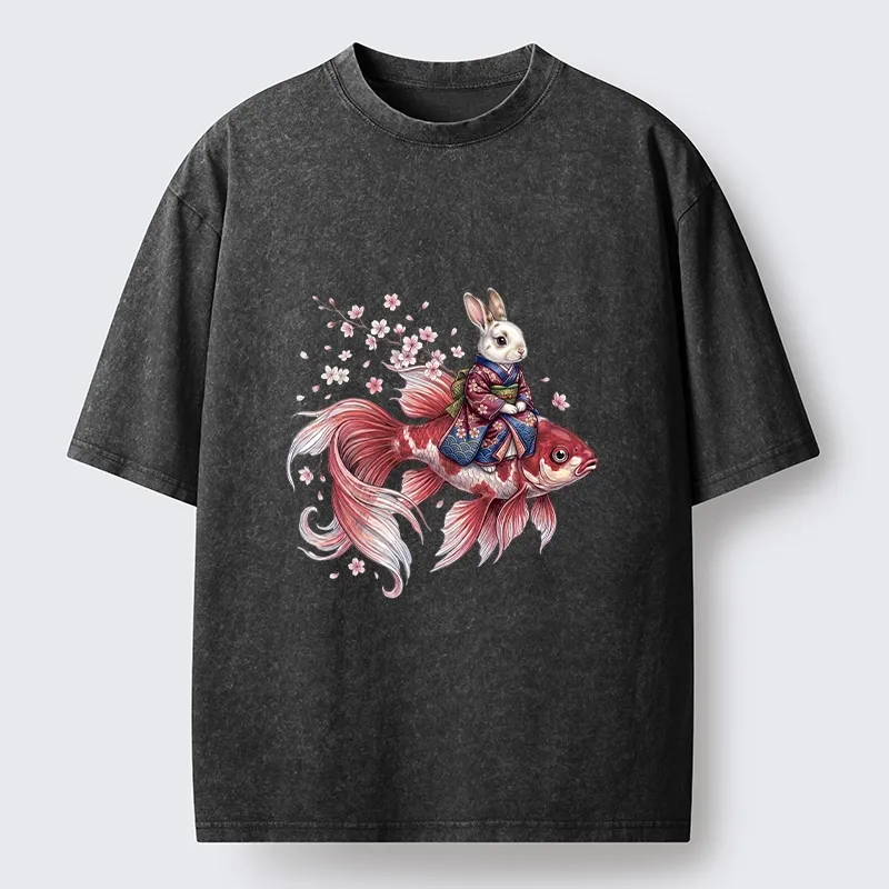 Tokyo-Tiger Japanese Style Rabbit And Koi Fish Washed T-Shirt
