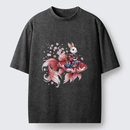 Tokyo-Tiger Japanese Style Rabbit And Koi Fish Washed T-Shirt