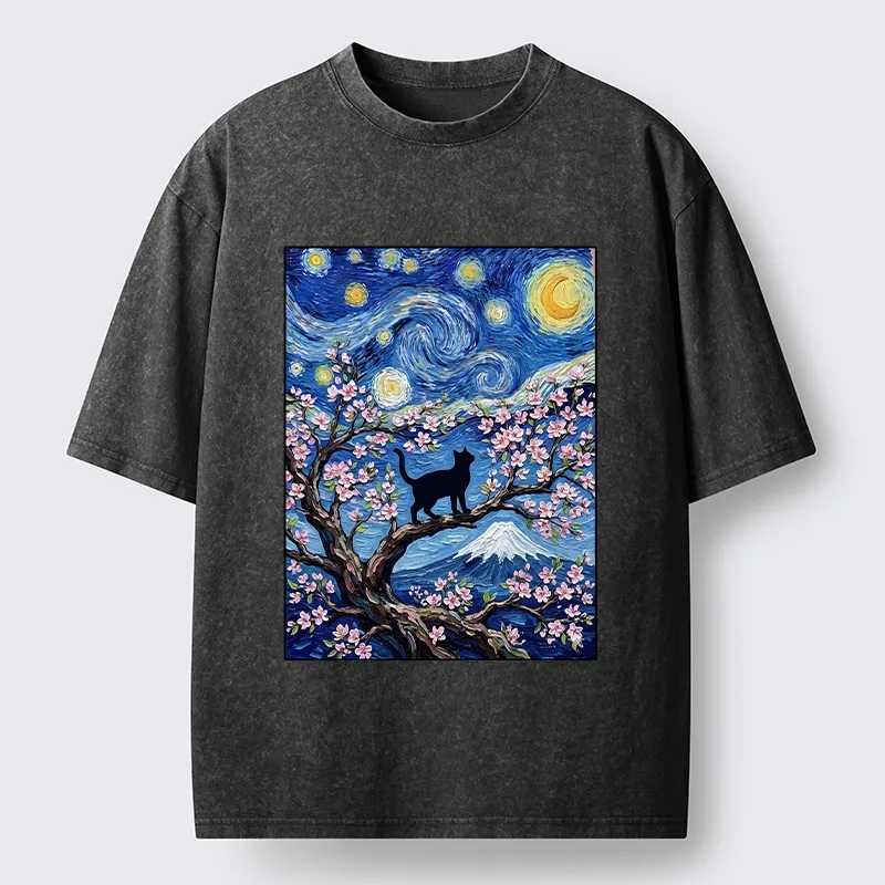 Tokyo-Tiger Van Gogh Style Cat With Mount Fuji Washed T-Shirt