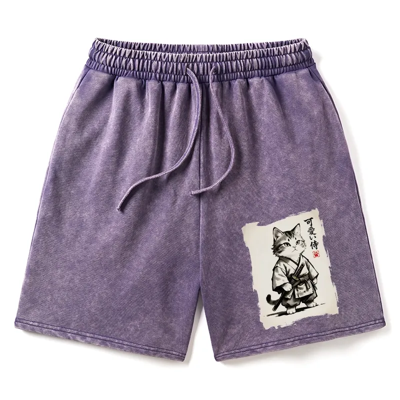 Tokyo-Tiger Japanese Samurai Cat Illustration Washed Shorts