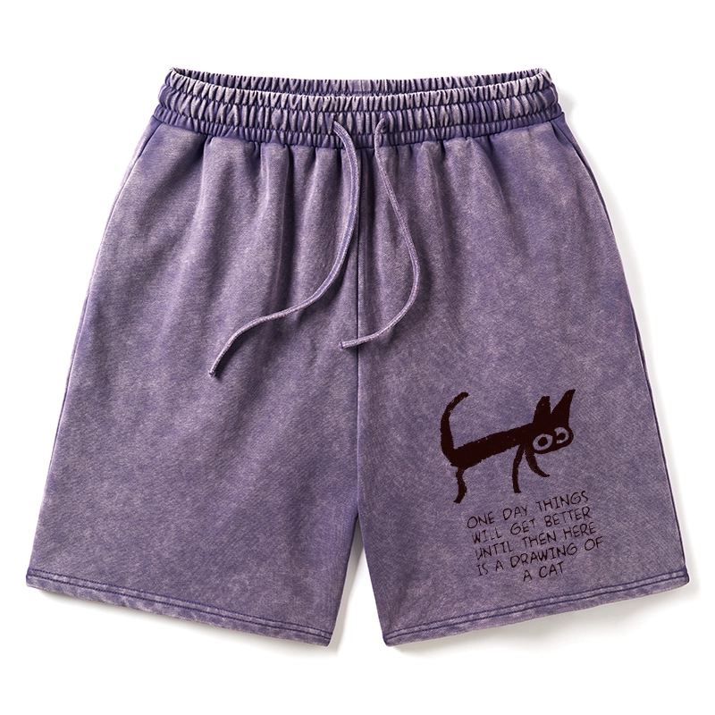 Tokyo-Tiger Cat Cheer Up Drawing Washed Shorts