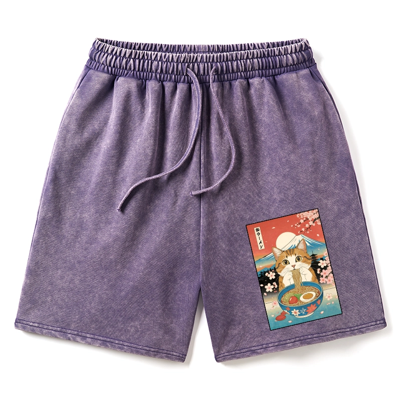 Tokyo-Tiger Funny Orange Cat Eating Ramen Japan Washed Shorts