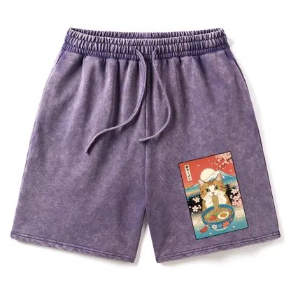 Tokyo-Tiger Funny Orange Cat Eating Ramen Japan Washed Shorts