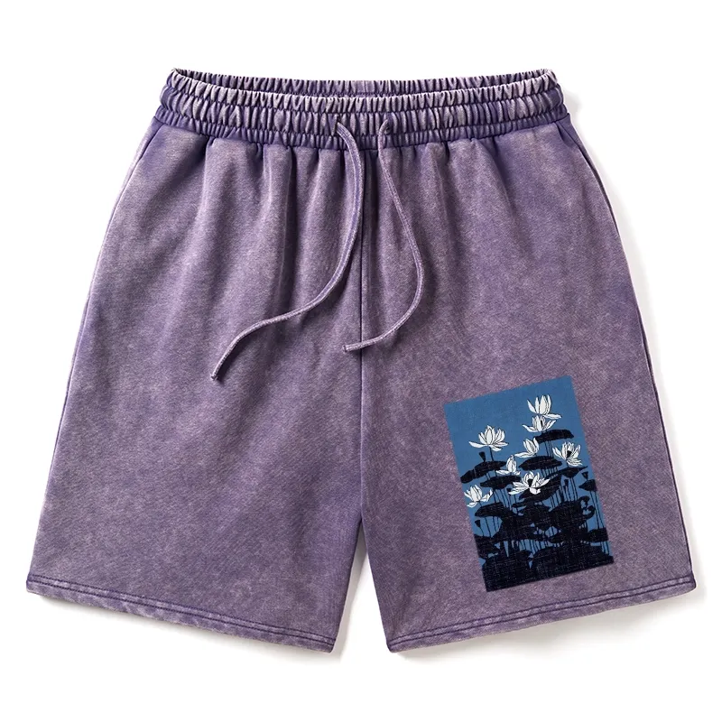 Tokyo-Tiger Blue Lotus Japanese Art Washed Shorts Sale