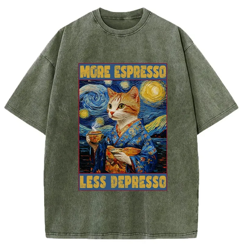 Tokyo-Tiger Funny More Espresso Less Depresso Washed T-Shirt