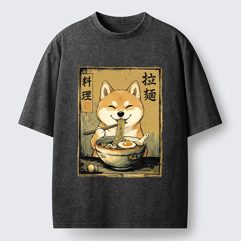 Tokyo-Tiger Happy Shiba Eating Ramen Washed T-Shirt