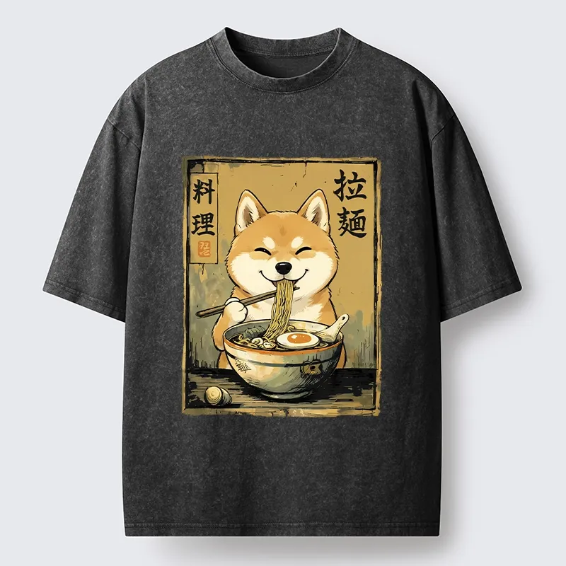 Tokyo-Tiger Happy Shiba Eating Ramen Washed T-Shirt Sale