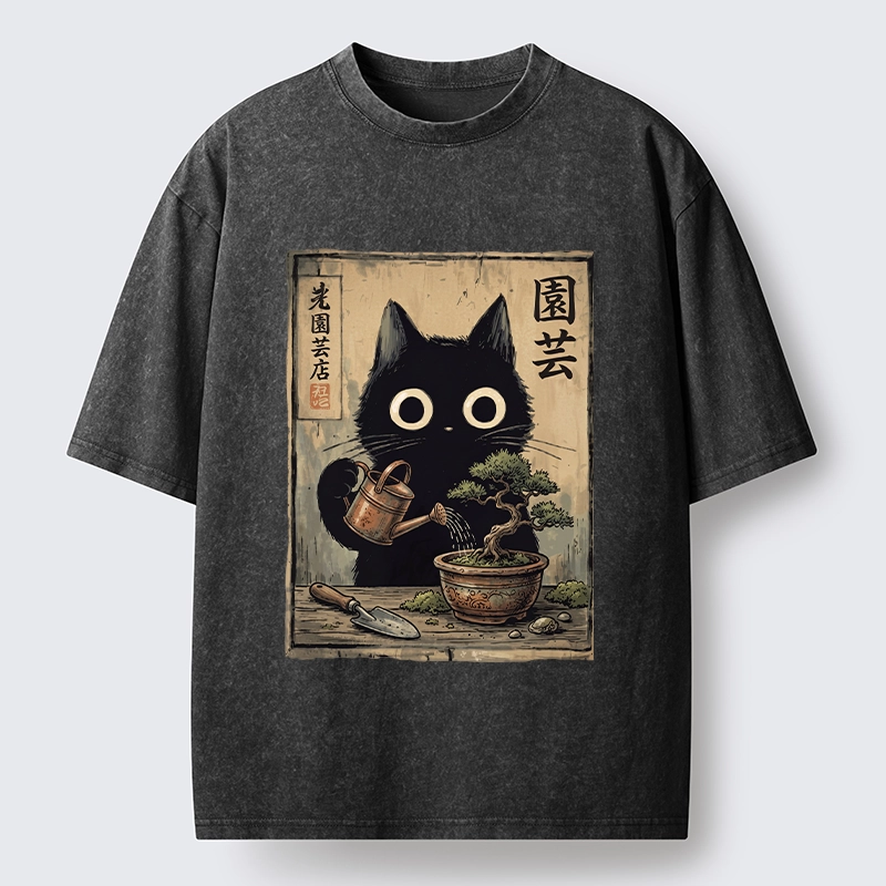 Tokyo-Tiger Black Cat Watering Bonsai Tree Washed T-Shirt