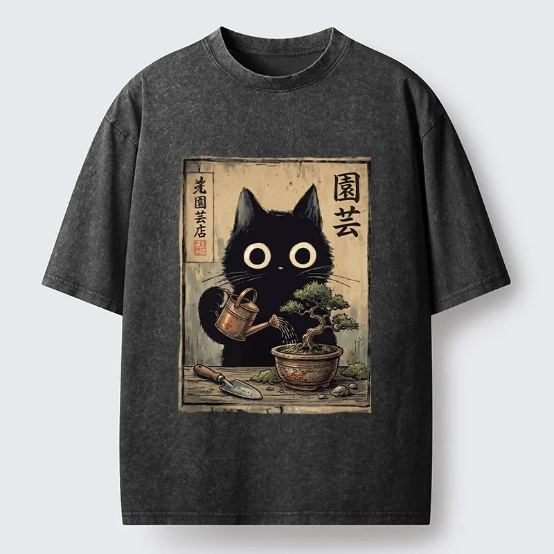 Tokyo-Tiger Black Cat Watering Bonsai Tree Washed T-Shirt