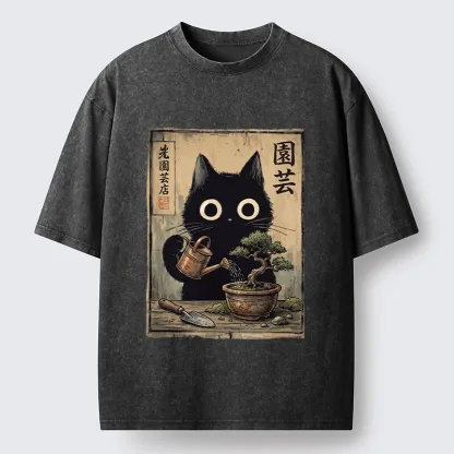 Tokyo-Tiger Black Cat Watering Bonsai Tree Washed T-Shirt