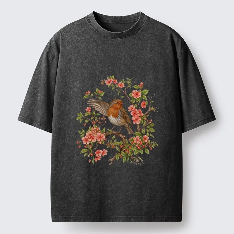 Tokyo-Tiger Beautiful Robin And Spring Flowers Washed T-Shirt Sale