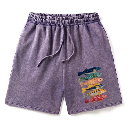 Tokyo-Tiger Colorful Fish Art Collection Washed Shorts