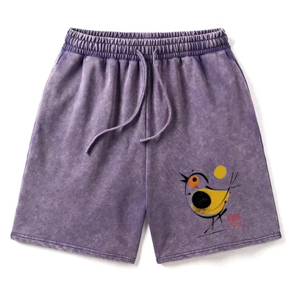 Tokyo-Tiger Aesthetic Yellow And Black Bird Washed Shorts