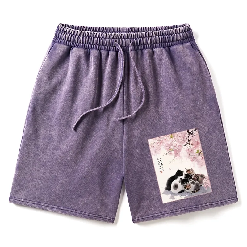 Tokyo-Tiger Cute Cats Sakura Garden Washed Shorts