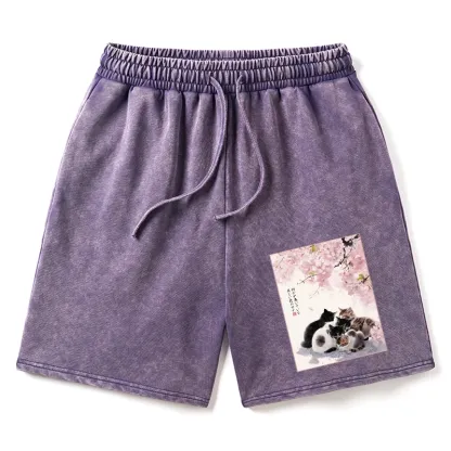Tokyo-Tiger Cute Cats Sakura Garden Washed Shorts