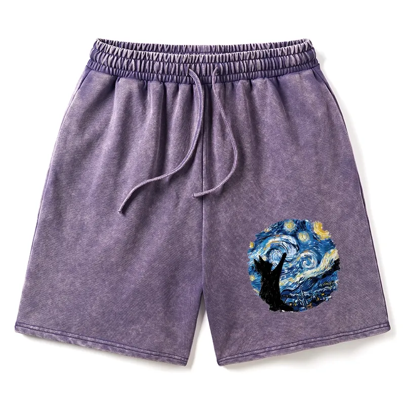 Tokyo-Tiger Starry Night Black Cat Washed Shorts