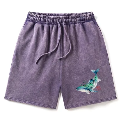Tokyo-Tiger Whale Ink Painting Landscape Washed Shorts