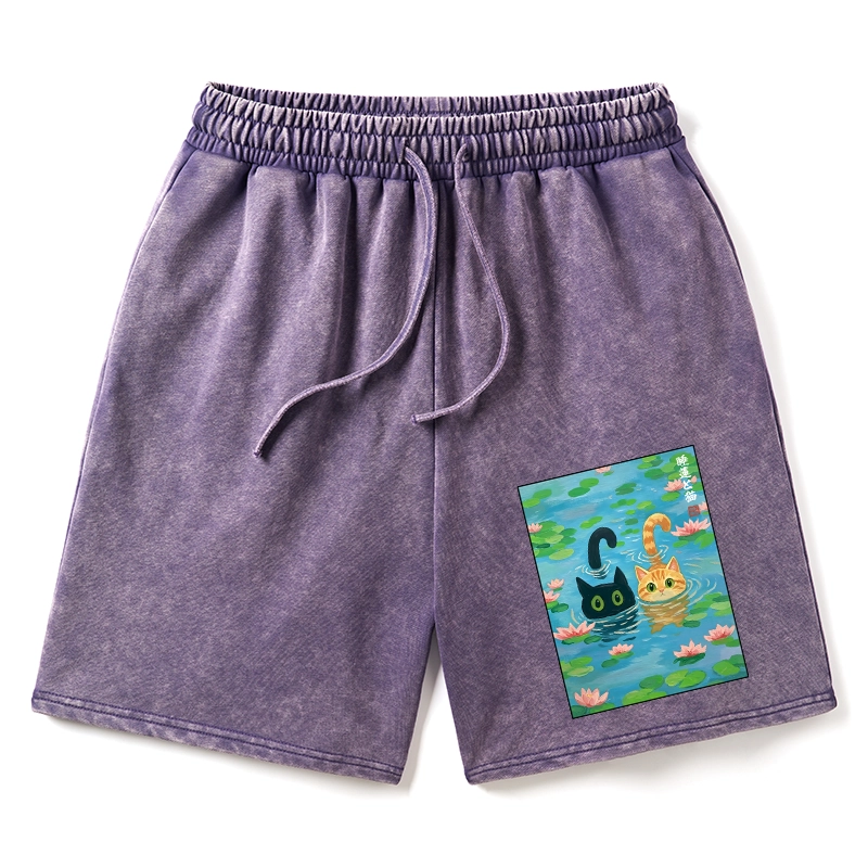 Tokyo-Tiger Cats In The Lotus Pond Washed Shorts