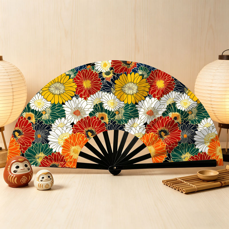 Tokyo-Tiger Colorful Chrysanthemums Hand Fan