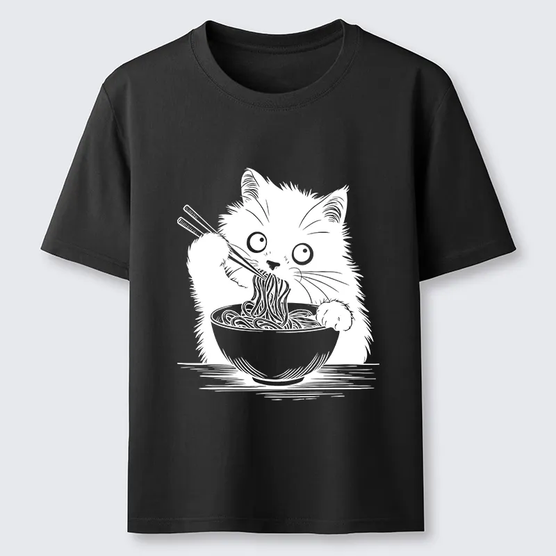 Tokyo-Tiger Black Cat Eating Ramen Funny Line Art Classic T-Shirt