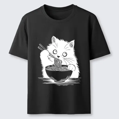 Tokyo-Tiger Black Cat Eating Ramen Funny Line Art Classic T-Shirt