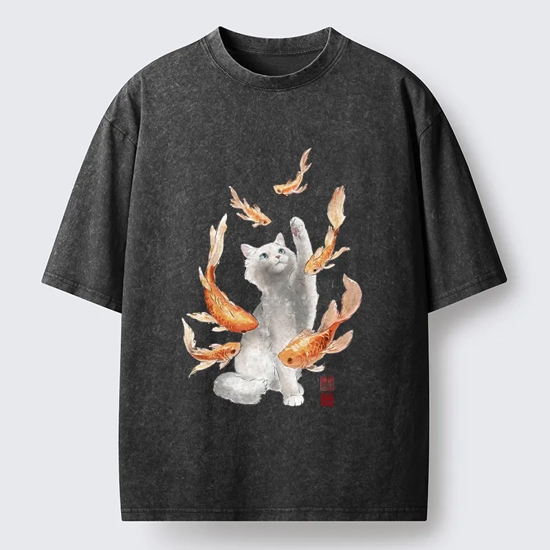 Tokyo-Tiger Fluffy Cat Chasing Koi Fish Dreams Washed T-Shirt