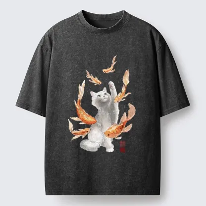 Tokyo-Tiger Fluffy Cat Chasing Koi Fish Dreams Washed T-Shirt