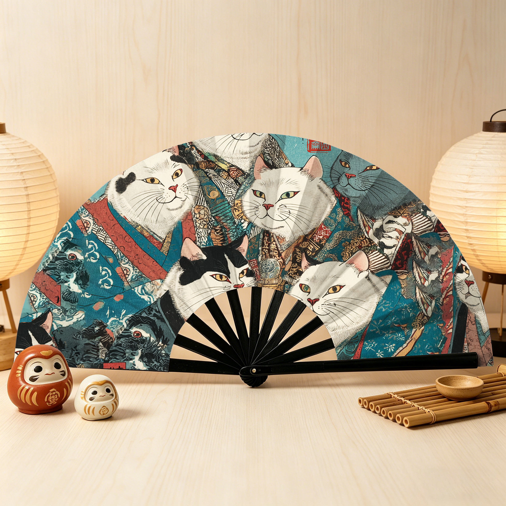 Tokyo-Tiger Formal Gathering of Ukiyo-e Cat Nobles Hand Fan