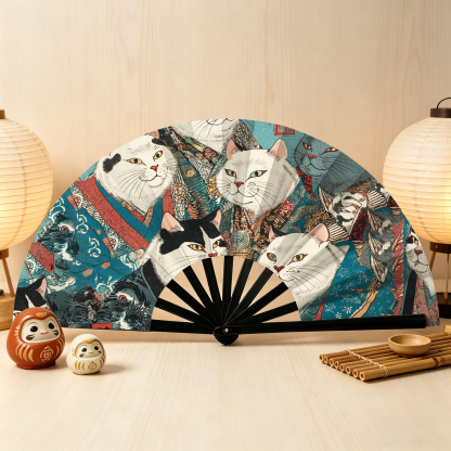 Tokyo-Tiger Formal Gathering of Ukiyo-e Cat Nobles Hand Fan