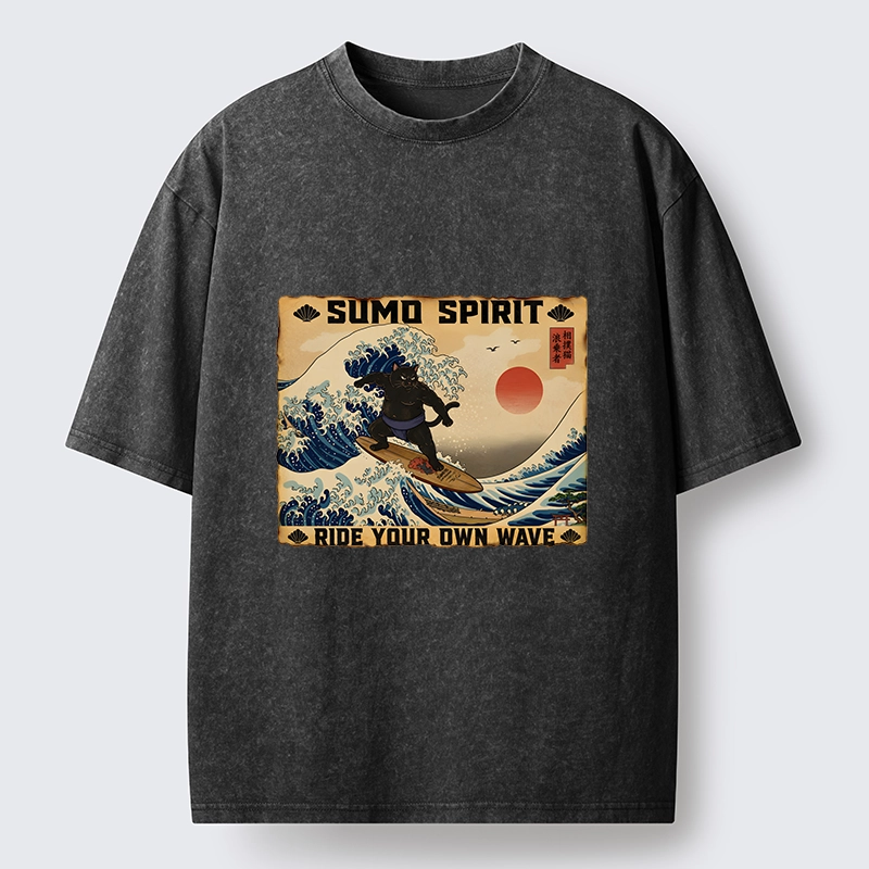 Tokyo-Tiger Sumo Cat Riding Its Own Wave Washed T-Shirt