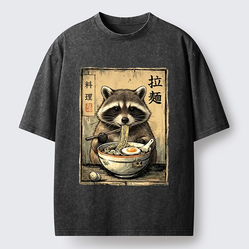 Tokyo-Tiger Raccoon Eating Ramen And Loving It Washed T-Shirt