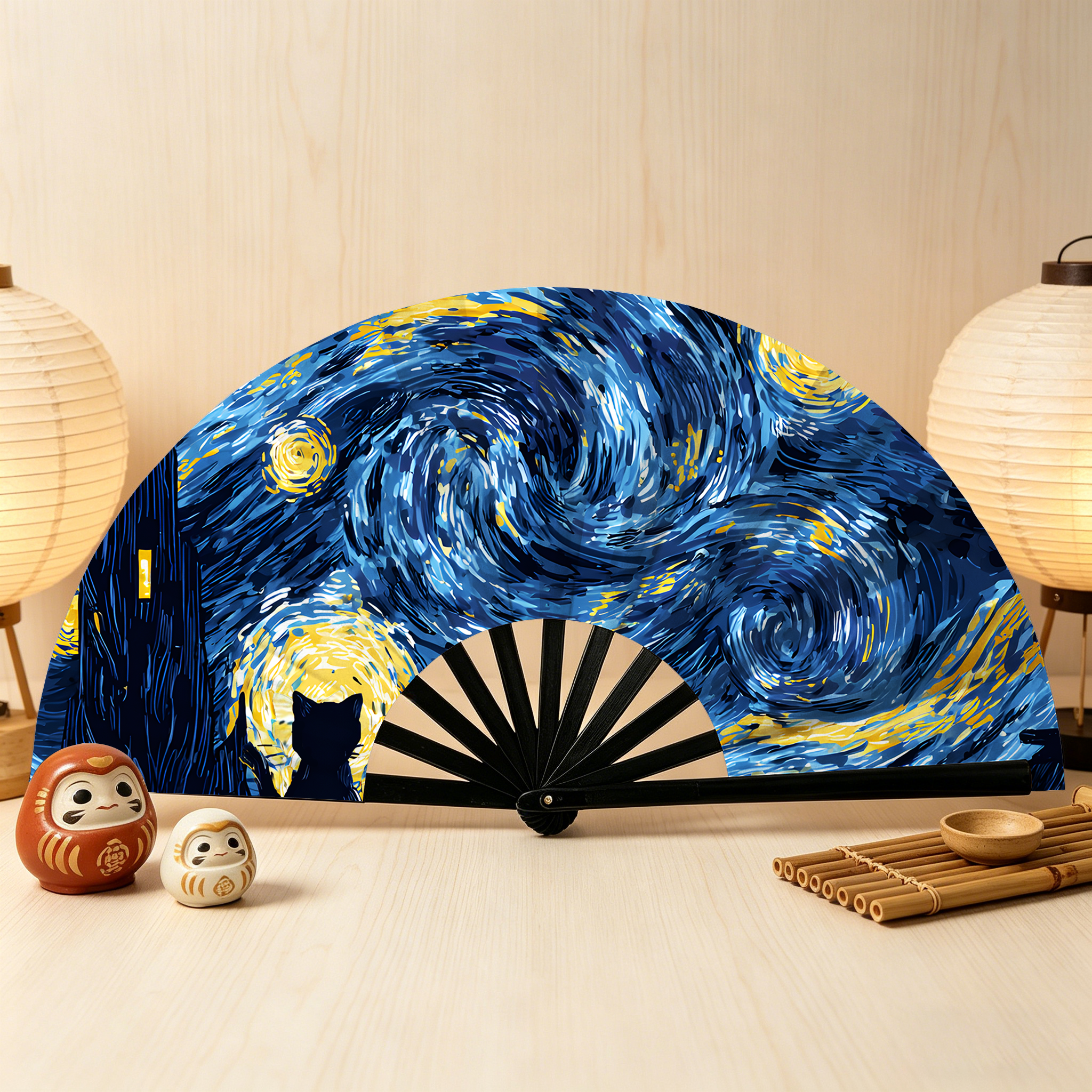 Tokyo-Tiger Cat Under The Stars Hand Fan