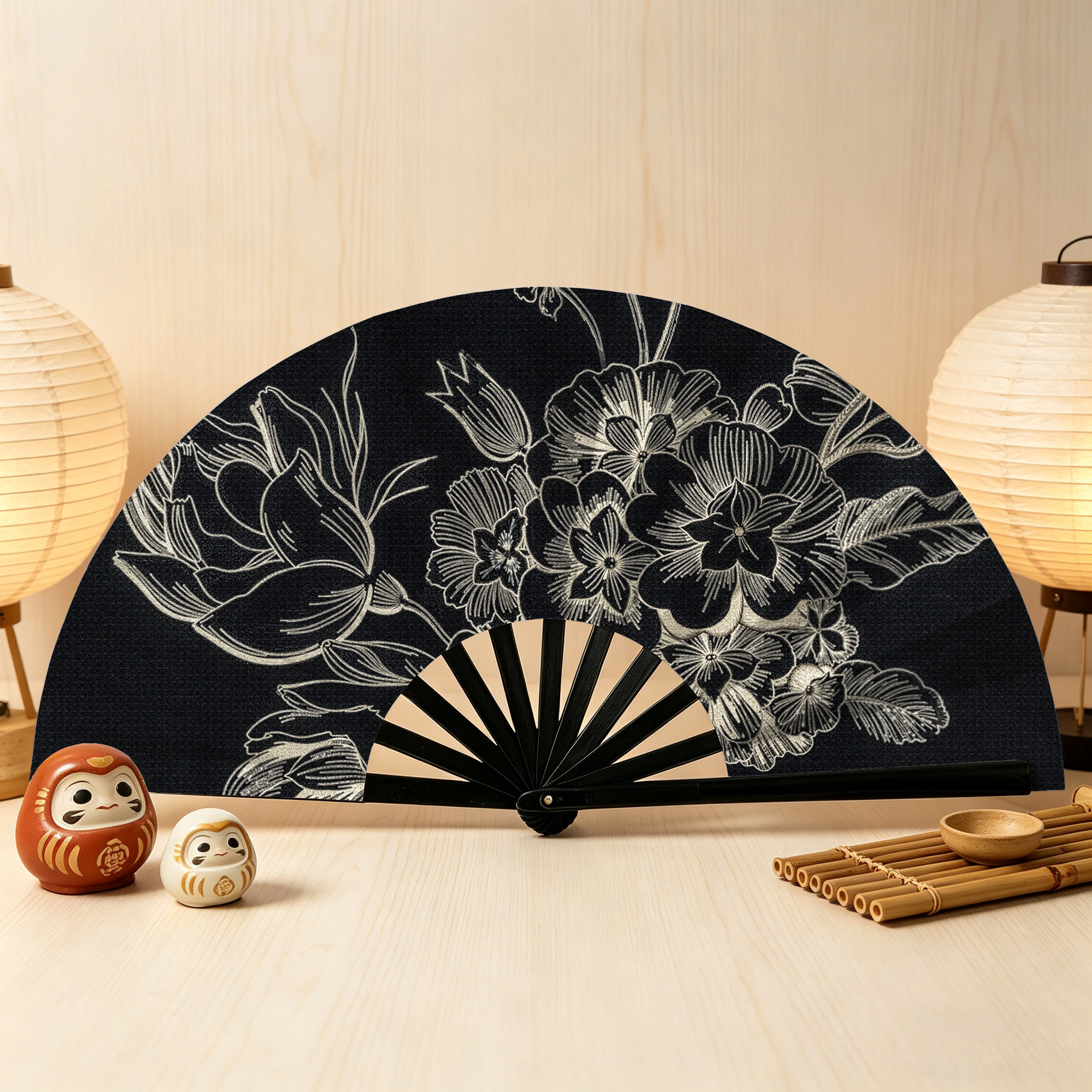 Tokyo-Tiger Monochrome Floral Elegance Hand Fan