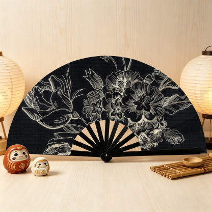 Tokyo-Tiger Monochrome Floral Elegance Hand Fan