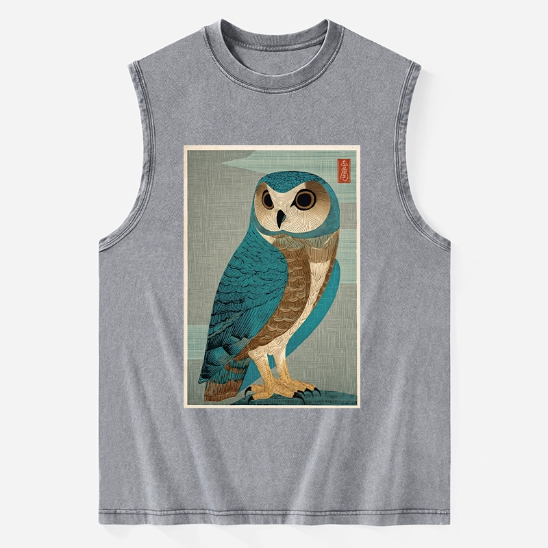Tokyo-Tiger Vintage Owl Woodblock Art Washed Tank