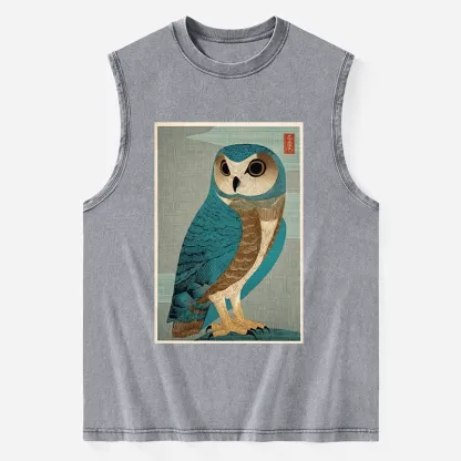 Tokyo-Tiger Vintage Owl Woodblock Art Washed Tank