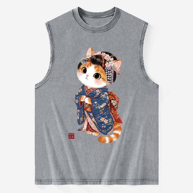 Tokyo-Tiger Cat Dressed As A Geisha Funny Washed Tank