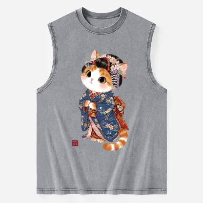 Tokyo-Tiger Cat Dressed As A Geisha Funny Washed Tank
